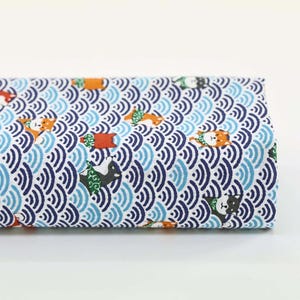 Kawaii Shiba fabric with blue seigaiha waves - 50cm, Japanese fabrics, Shiba Inu, dog pattern, kawaii dog, fabric dog printed, Shiba Inu, 柴犬