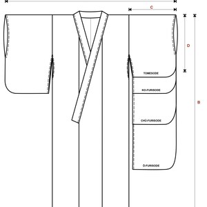 May include: Line drawing of a kimono with labeled sections. The diagram shows the overall shape and key parts, including the sleeves, collar, and body. The labels include TOMESODE, KO-FURISODE, CHU-FURISODE, and O-FURISODE.