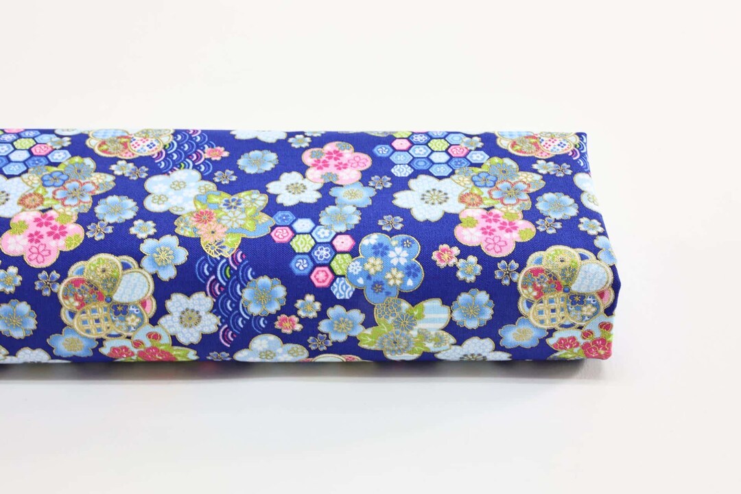 Japanese Fabric Sakura Ume Royal Blue Background - 50cm, Japanese ...