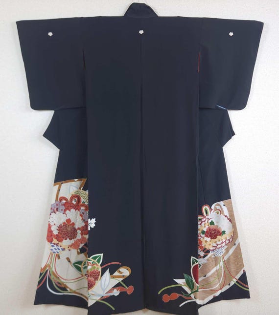 Antique Kuro Tomesode Kimono Yuzen Japanese flowers, vintage, Yuzen Kimono,留袖, antique cloth, red lining, hand painted, ship DDP to the US