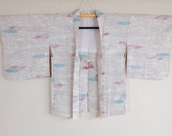 White and purple Haori with Japanese landscape, Japan pattern, Traditional Haori, Kimono Jacket, countryside, mountain motif, village