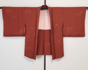 Orange brocade Haori with kikko pattern, vintage haori, Traditional Haori, Kimono Jacket, Traditional, jacquard, Kimono jacket, orange haori