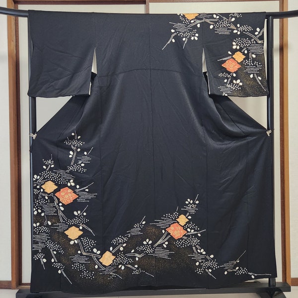 Black Houmongi Kimono shibori and golden elegance, black Kimono, shibori Kimono, black Houmongi, silk Kimono, hand dyed Kimono,訪問着,着物