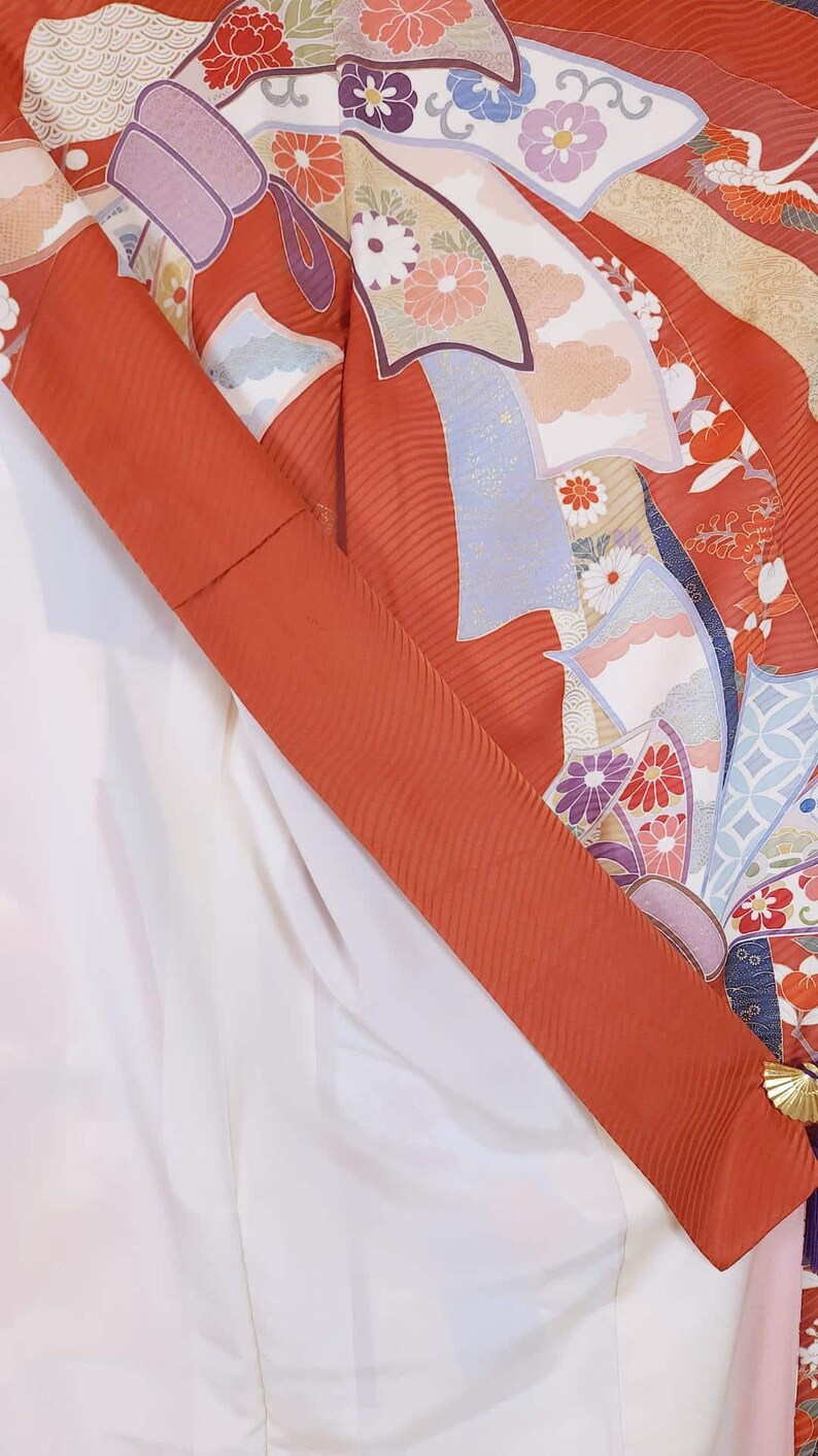 Ō-furisode Coral Red Noshi Patterns, Japanese Pattern, Coral Red Kimono ...