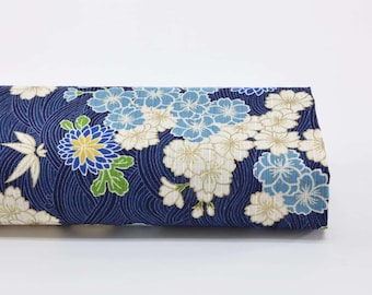 Tela japonesa shantung Sakura olas fondo azul marino - 50cm - Telas japonesas, patrón Nami, motivo de olas, flor de cerezo, bambú, kiku, 波