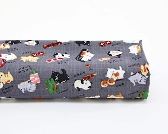 Tela dobby japonesa con gatos Yakitori sobre gris - 50cm, telas japonesas, 招き猫,猫,ねこ,焼き鳥, Neko, patrón Kitty dobby de algodón, brocheta japonesa
