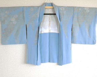 Light blue Haori with silver floral jacquard, Vintage Haori, 羽織, Traditional Haori, Kimono Jacket, Traditional cloth, blue silver brocade