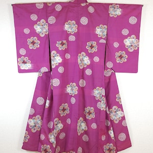 Antique Tsumugi Kimono with Temari motifs on pink, Japanese Komon Kimono, Japanese old kimono, antique Tsumugi, antique Tsumugi kimono, 紬着物