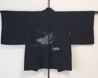 Black silk Haori with woven peacocks, vintage haori, Traditional Haori, Kimono Jacket, Traditional, jacquard, Kimono jacket, peacocks