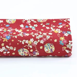 Japanese Fabric Ume and Hana Maru red background - 50cm, Japanese fabric, japan fabric, japan textile, Japanese pattern, black golden fabric