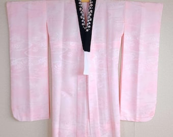 Pink Furisode Nagajuban embroidered black collar, Kimono underwear, under Kimono, embroidery collar, pink brocade, embroidered sakura, 振袖