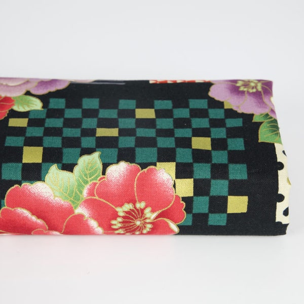 Tissu Pivoine Japonais colorée moderne fond noir - 50cm, tissu pivoine, tissu pivoine Japonais, fleur pivoine Japonais fond noir, pivoine