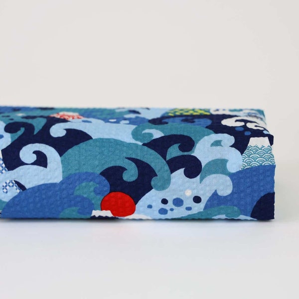 Japanese waffle fabric with wave and Mount Fuji patterns - 50cm, Japanese fabrics, Japanese waffle cotton, Kanagawa wave fabric, Japanese kawaii fabric