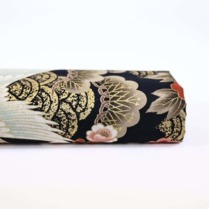Golden Heron Japanese fabric black background -50cm- Japan fabric, heron, Japanese Heron, birds and flowers, birds and flowers fabric, Heron