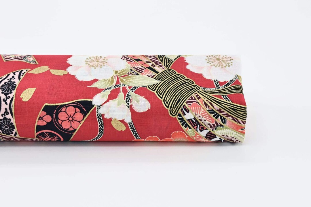 Japanese Fabric Sakura Noshi on Red Background - 50cm- Japanese Fabric ...