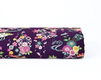 Tissu Japonais fleurs dans l'eau fond violet -50cm- textile japon, fleur Japonais violet, momiji, feuille d'érable Japonais, Momiji Japonais