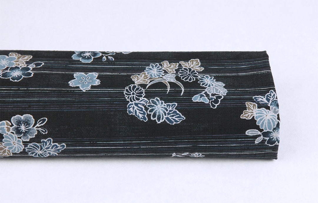 Japanese Striped Floral Fabric Old Style Black Background 50cm ...