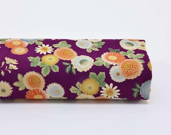 Tela japonesa shantung con crisantemos sobre fondo morado - 50 cm - Telas japonesas, estampado Kiku, flores japonesas, motivo japonés, flores doradas
