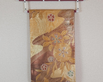 Obi Fukuro dorado con ondas sobre fondo burdeos, cinturón de kimono, obi Fukuro antiguo, cinturón japonés, brocado de bronce, patrón de ondas, burdeos, flor grande