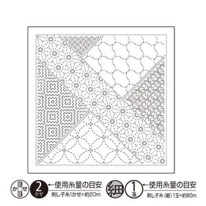 Può includere: Un pannello di tessuto quadrato con una griglia stampata in bianco e nero di vari motivi geometrici, tra cui stelle, onde intrecciate e disegni a labirinto. Il testo indica l'uso del filo: 2 matasse da 20m o 1 gomitolo da 80m.