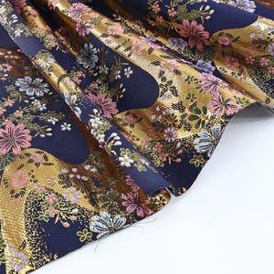 Japanese jacquard brocade golden Kawa and flowers - 50cm, damask, Japan textile, Kawa motif, Kiku pattern, golden woven, 西新金蘭, 和柄生地, Japan