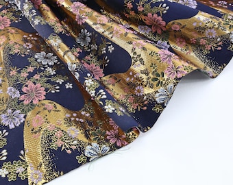Brocado jacquard japonés Kawa dorado y flores - 50 cm, damasco, textil japonés, motivo Kawa, patrón Kiku, tejido dorado, 西新金蘭, 和柄生地, Japón