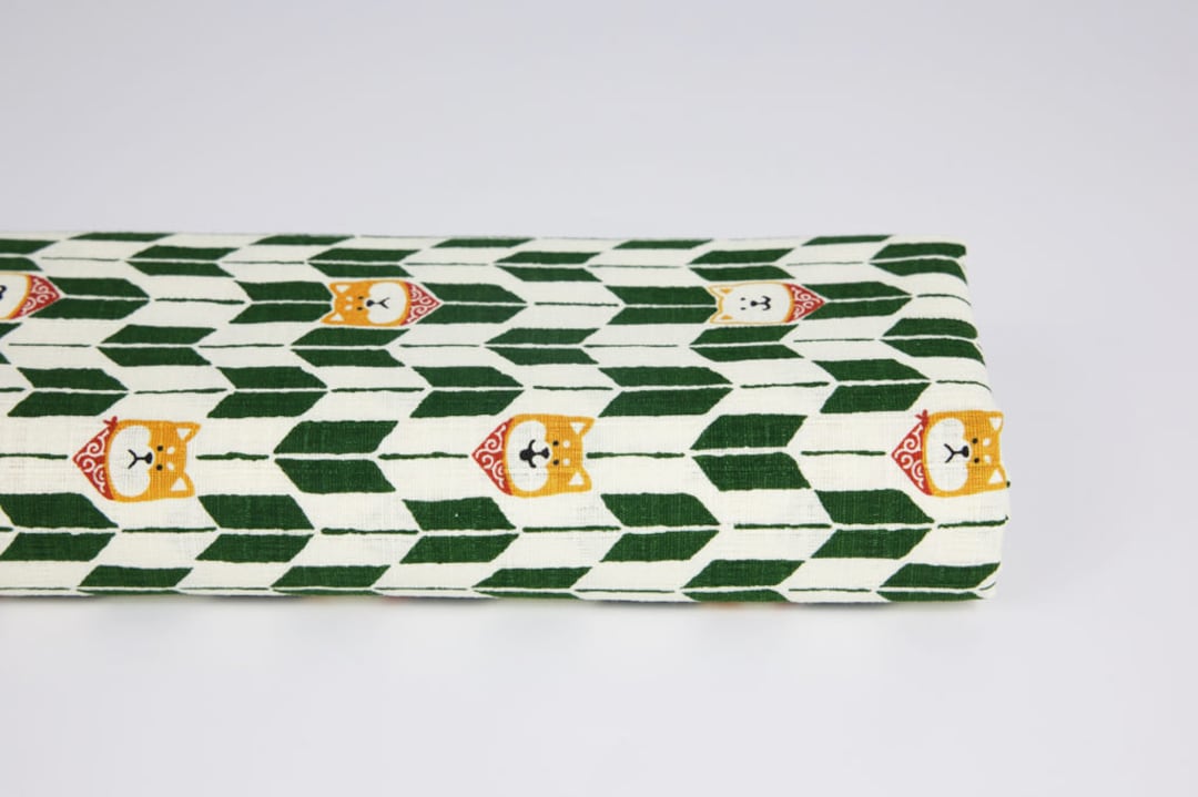 Japanese Shiba Dog Fabric Yagasuri Green 50cm, Japanese Fabrics, Dog Fabric, Dog Pattern Fabric