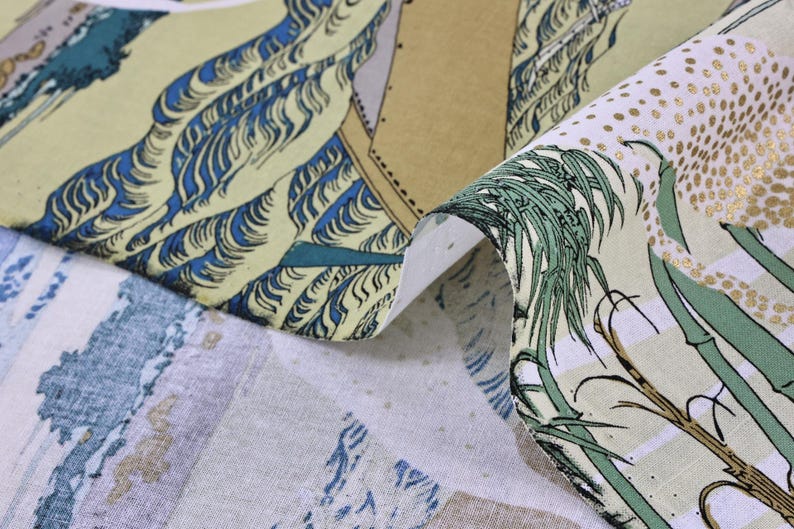 Japanese Fabric Ukiyoe Mount Fuji Bamboo Yellow Background 50cm