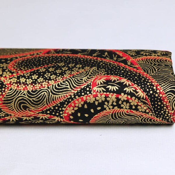 Red multi-pattern Japanese fabric - 50cm, wave pattern, sakura pattern, komon pattern, gold pattern, Japanese pattern, gold Japanese fabric