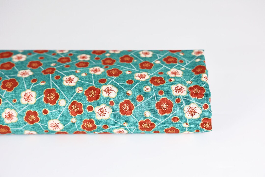 Japanese Ume Fabric on Turquoise Background - 50cm, Japanese Fabrics ...
