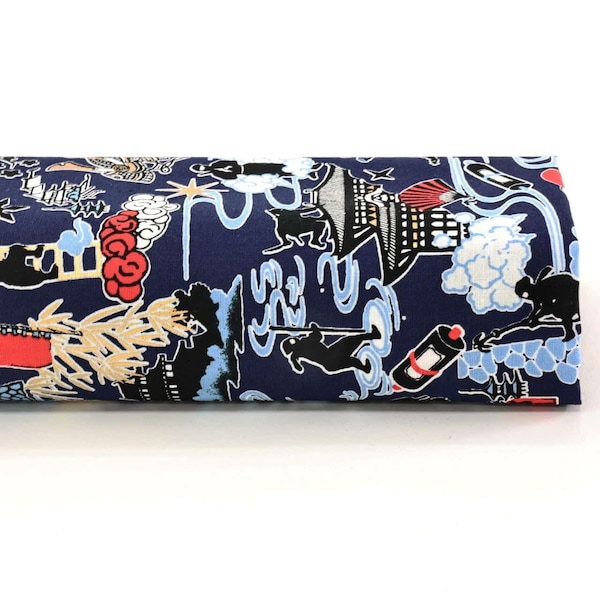 Japanese Ninja manga fabric with blue background - 50cm, Japanese manga fabric, Ninja fabric, Japanese Ninja, Samurai, Japanese castle,Osaka