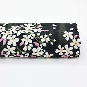 Japanese cherry blossom fabric on black background - 50cm - Japanese fabrics, Japanese Dobby cotton, sakura fabric, Hanami fabric, pink cherry trees