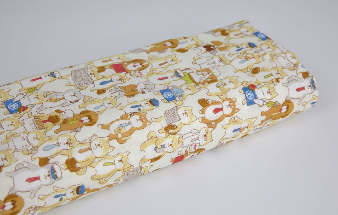 Japanese Shiba Pattern Fabric Double Gauze Ecru Background 50cm, Japanese Fabrics, Dog Fabric