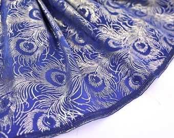 Silver peacock feather brocade blue background - 50cm, brocade, feather pattern, peacock feather, silver jacquard, feather fabric, silver brocade, peacock