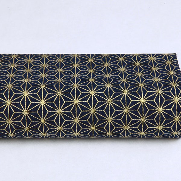 Japanese gold Asanoha fabric with navy blue background - 50cm, Japanese fabrics, golden Asanoha, gold star, gold geometric, golden asanoha pattern fabric