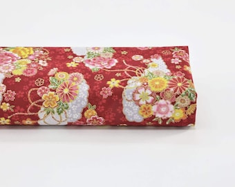 Japanese fabric flowers in the clouds on red background - 50cm, Japanese fabrics, Japanese peonies, Sakura fabric, golden peony, cloud