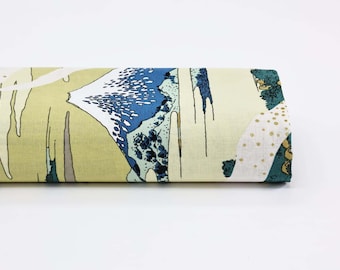 Japanese fabric Ukiyoe Mount Fuji bamboo yellow background -50cm-Japanese Hokusai fabric, Japanese Estamp, Ukiyoe, Japanese art, 浮世絵,Ukiyo-e