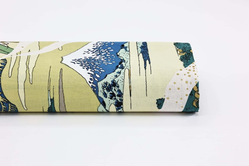 Japanese Fabric Ukiyoe Mount Fuji Bamboo Yellow Background 50cm
