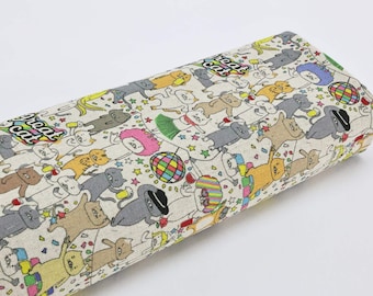 Tela japonesa de lona con gatos disco de colores - 50cm, telas de Japón, 招き猫,猫,ねこ, estampado Neko, telas Kawaii, estampado disco, gato banana