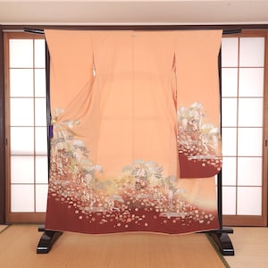 Peach Ō-Furisode with golden carts, peach Furisode, Ceremony Kimono, traditional cart Pattern, Ō-Furisode, girl's Kimono, Japanese Kimono