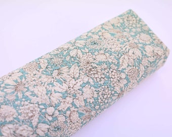 Floral seersucker fabric liberty type turquoise background 50cm- embossed liberty, liberty style seersucker, turquoise seersucker, summer, waffle