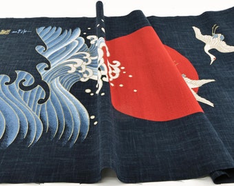 Japanese fabric panel with Crane Sun and Wave hand-printed -45cm, Japanese fabrics, printed hand fabric, crane, noren, Japanese sun, wave