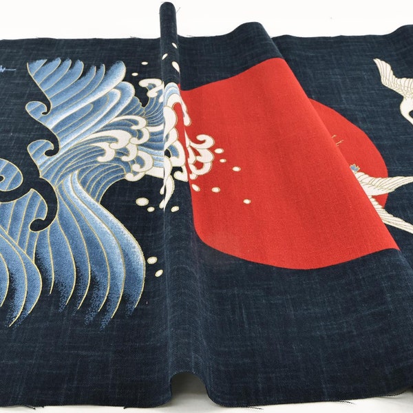 Japanese fabric panel with Crane Sun and Wave hand-printed -45cm, Japanese fabrics, printed hand fabric, crane, noren, Japanese sun, wave