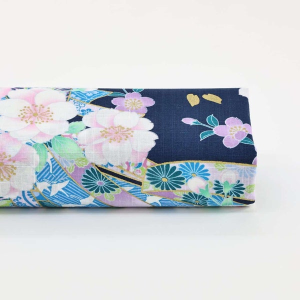 Japanese fabric Sakura Noshi on blue background - 50cm- Japanese fabric, Tanabe Noshi, Sakura pattern, Japanese cherry, Japanese Noshi