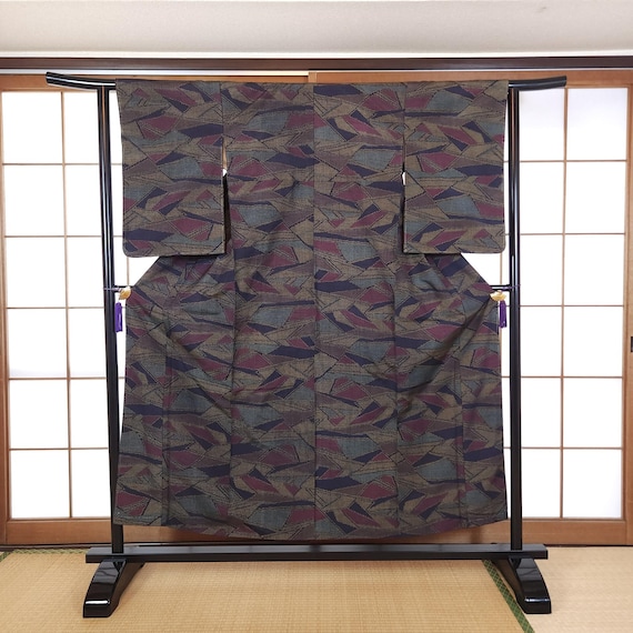 Tsumugi Kimono with colorful graphic patterns, Tsumugi Kimono, Ship DDP to the US, traditional, vintage kimono, 紬着物, graphic motif dyed