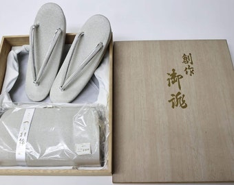 Silver Zori and pouch with their box, Zōri, silver Zōri, Kimono sandals, Japanese sandals, Japanese shoes, Zori and pouch, silver purse