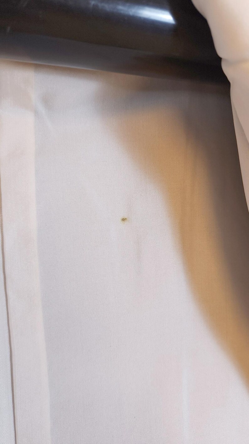 May include: Close-up of a white fabric with a small, dark spot. The fabric appears to be a light, possibly sheer material, with a subtle texture. The image is well-lit, highlighting the fabric's details.