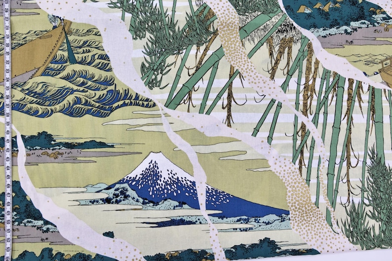 Japanese Fabric Ukiyoe Mount Fuji Bamboo Yellow Background 50cm