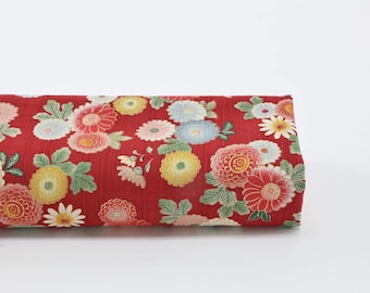 Tela japonesa shantung con crisantemos sobre fondo rojo - 50 cm - Telas japonesas, estampado Kiku, flores japonesas, motivo japonés, flores doradas