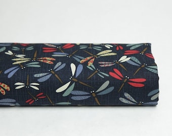 Colorful dragonfly Japanese fabric on a navy blue background - 50cm, Japanese fabric, navy blue dragonfly, navy blue Japanese fabric